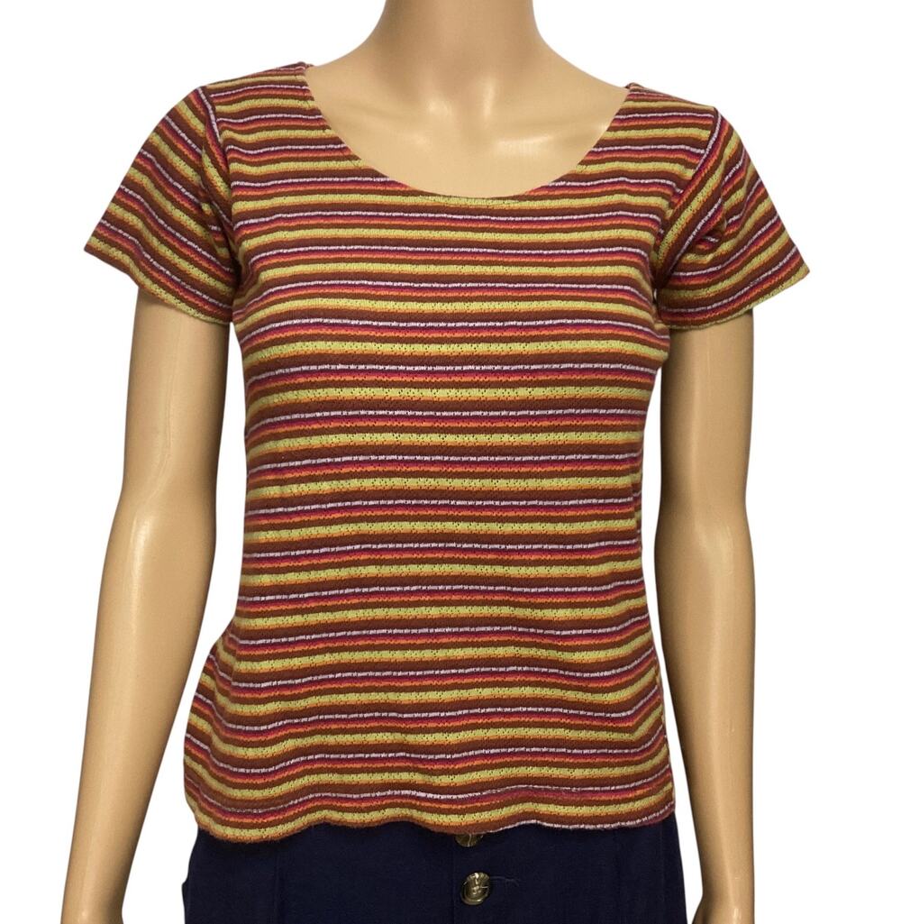 Vintage Free People Multi-Colored Striped Ribbed Knit Baby Tee size small‎